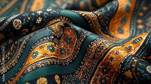 Green and Gold Paisley Fabric Texture Vintage Pattern Background
