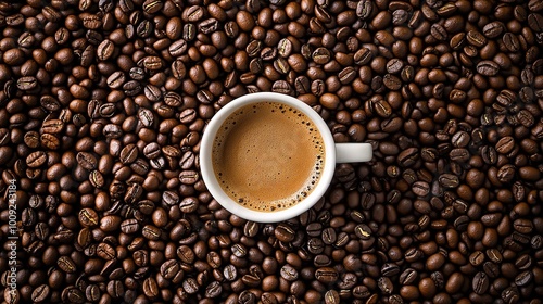 Elegantly Arranged Coffee Beans Around a Cup