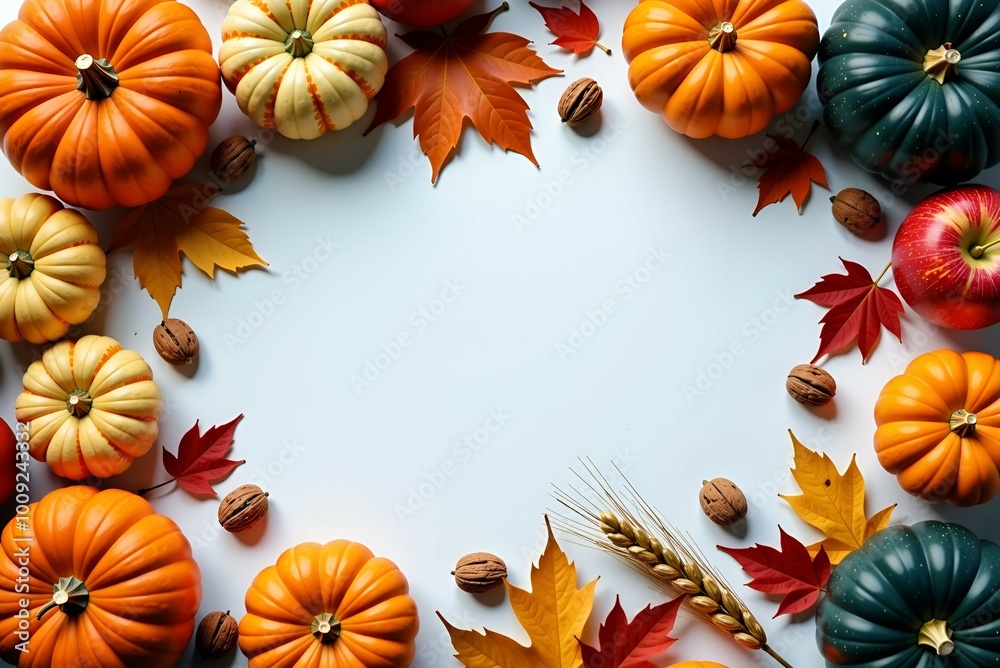 A circle of pumpkins, leaves, apples, nuts, and wheat on white A circle of pumpkins, leaves, apples, nuts, and wheat on white