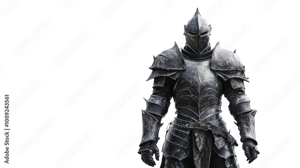 A solitary knight in ornate armor stands against a misty backdrop at dawn, on the transparent background. PNG Format