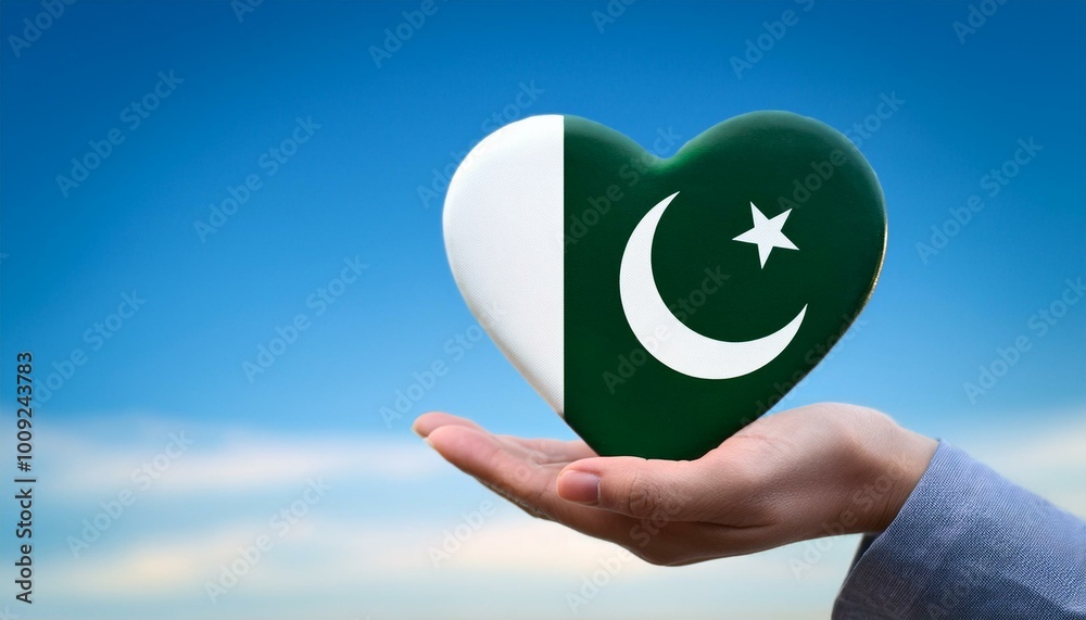 手で持っているパキスタンの国旗のハートと青空(Heart of Pakistan flag held in hand and blue sky.)
手で持っているパキスタンの国旗のハートと青空(Heart of Pakistan flag held in hand and blue sky.)