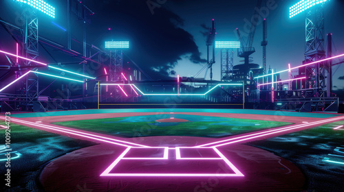 Neon-futuristic baseball field, nighttime