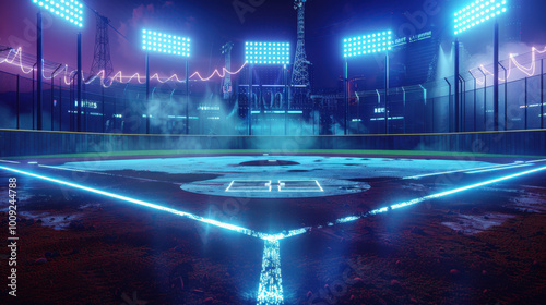 Neon-futuristic baseball field, nighttime