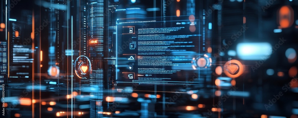 Abstract digital data and code in a futuristic setting. Abstract digital data and code in a futuristic setting.