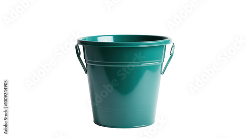 A vibrant green bucket standing against a minimalistic white backdrop, on the transparent background. PNG Format