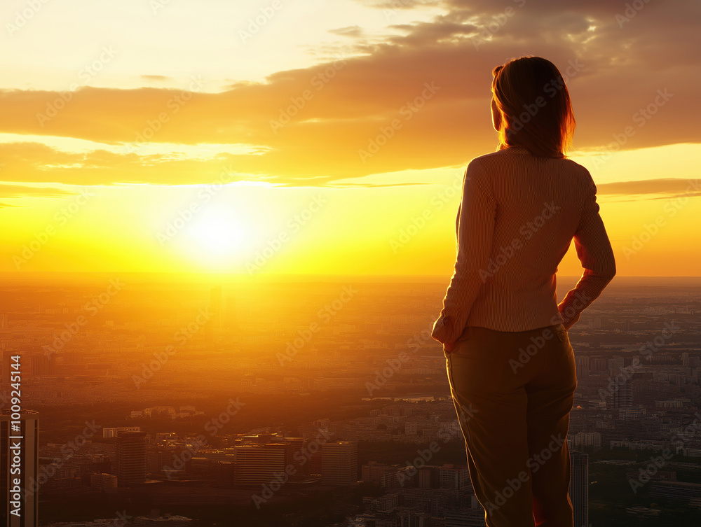 Fototapeta premium Woman with hands in poket look at sunset