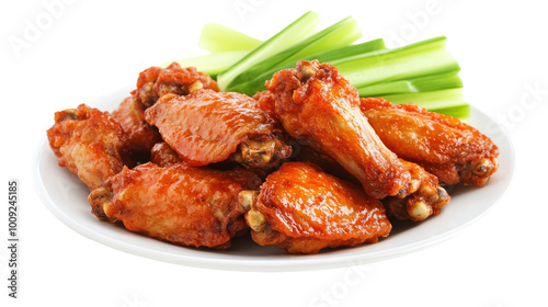 Spicy Buffalo wings served with fresh crunchy celery on a plate, on the transparent background. PNG Format