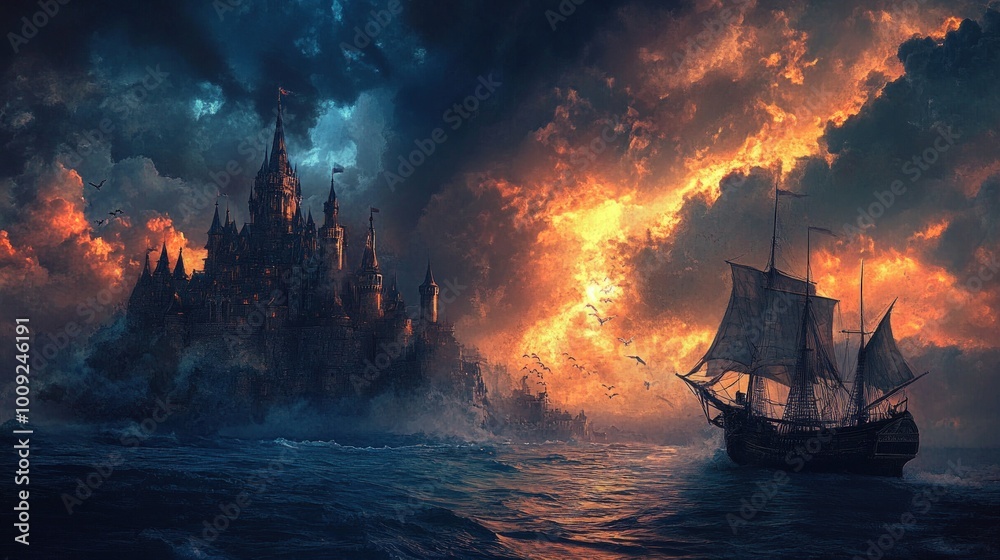 Obraz premium A tall, dark castle stands on a rocky island, with a sailing ship on the water in front of it and a fiery sky behind it.