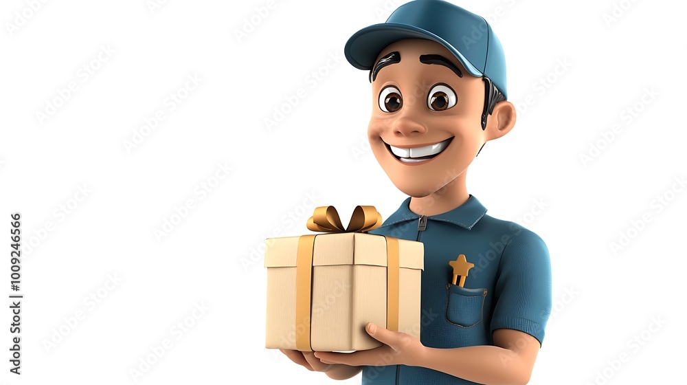 Happy Delivery Man Holding Gift Box Cartoon Character 3D Rendering Happy Delivery Man Holding Gift Box Cartoon Character 3D Rendering