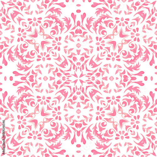 Floral pink and white hand drawn tile seamless ornamental watercolor paint pattern.