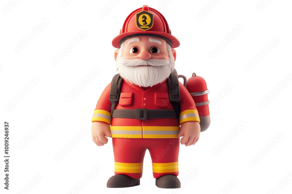 Cheerful firefighter character stands ready for action in bright red uniform, on the transparent background. PNG Format Cheerful firefighter character stands ready for action in bright red uniform, on the transparent background. PNG Format