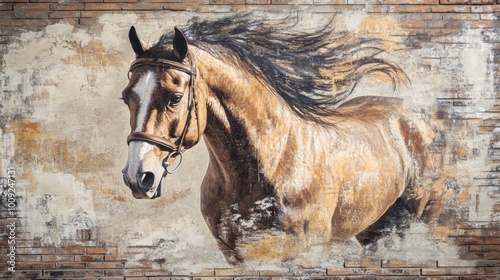 A Majestic Horse Painting on Brick Wall