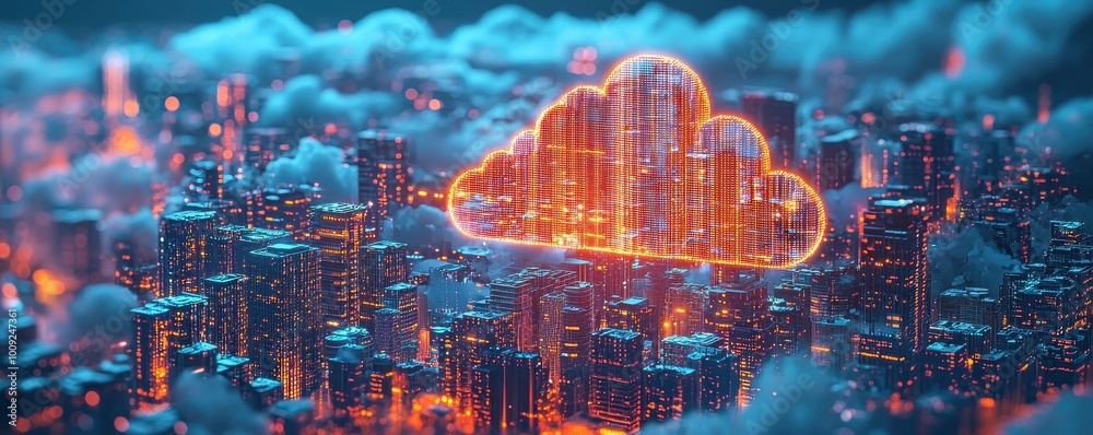 Fototapeta premium A glowing cloud symbol hovers over a futuristic cityscape, representing the interconnected nature of technology and urban life.