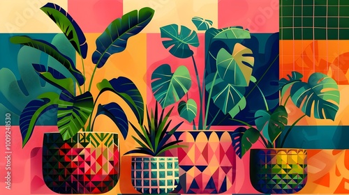 Tropical Paradise Lush Set with Vibrant Houseplants in Ceramic Pots against Geometric Abstract Background photo