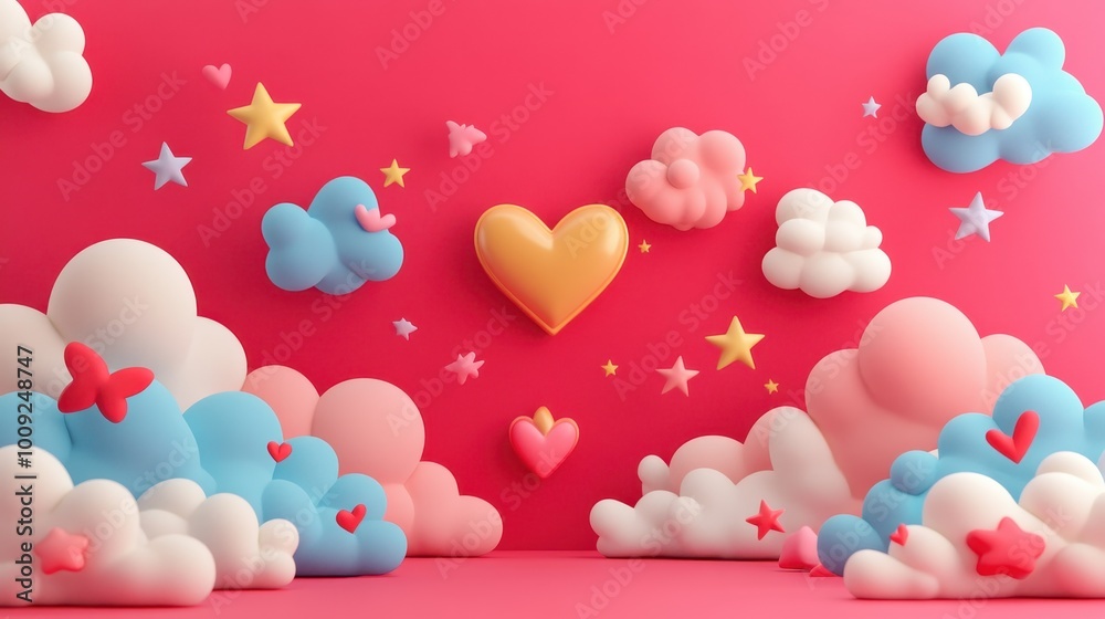 Whimsical Heart-Shaped Clouds and Stars in Vibrant Pink Background