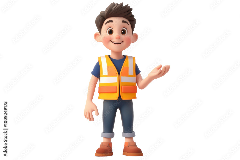 A cheerful boy wearing a safety vest engaging in playful learning about construction, on the transparent background. PNG Format A cheerful boy wearing a safety vest engaging in playful learning about construction, on the transparent background. PNG Format