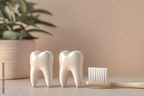 Minimalist composition of two tooth models and bamboo toothbrush on neutral background for eco friendly dental care ads, blogs, clinic marketing. Dental care image with tooth models, wooden toothbrush