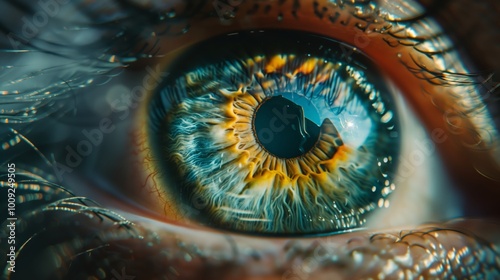 A close-up of an eye with a green and blue iris, reflecting light. The background is blurred to emphasize the detailed focus on the eye