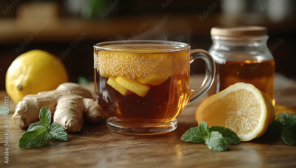 Behind the cup of ginger tea with honey and lemon lie fresh ginger roots and slices, showcasing a warm and inviting scene that highlights the health benefits of this soothing drink. The golden tea, co Behind the cup of ginger tea with honey and lemon lie fresh ginger roots and slices, showcasing a warm and inviting scene that highlights the health benefits of this soothing drink. The golden tea, co