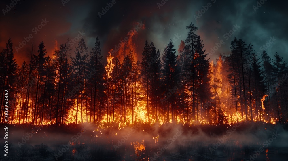 A forest on fire, tall trees burning in the background, flames and smoke filling up the scene, an intense natural disaster A forest on fire, tall trees burning in the background, flames and smoke filling up the scene, an intense natural disaster