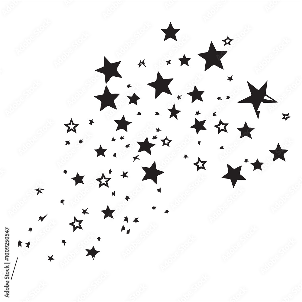 black flat beautiful stars fly apart on a white background, drawing black flat beautiful stars fly apart on a white background, drawing