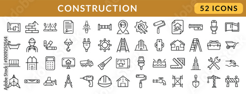 Construction thin line icons set Featuring Building Tools, Equipment, and Structures. Builder, construction, tools, house repair, build, crane icon.