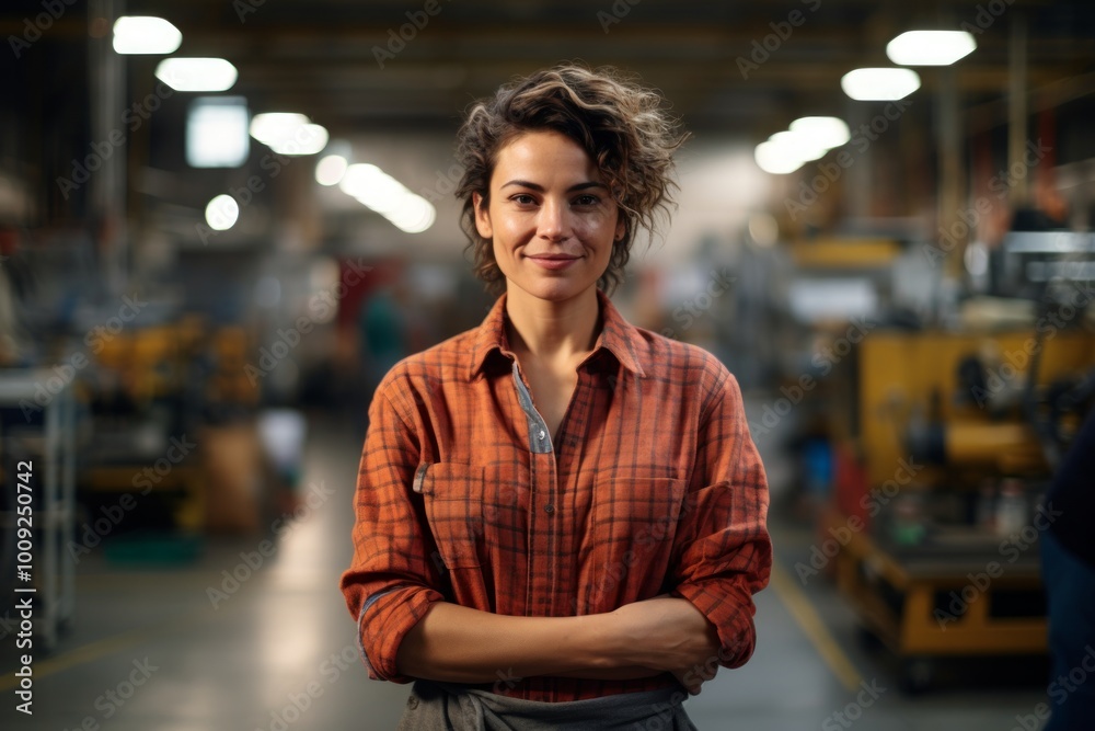 Portrait of a grinning woman in her 40s dressed in a relaxed flannel shirt on bustling factory floor Portrait of a grinning woman in her 40s dressed in a relaxed flannel shirt on bustling factory floor