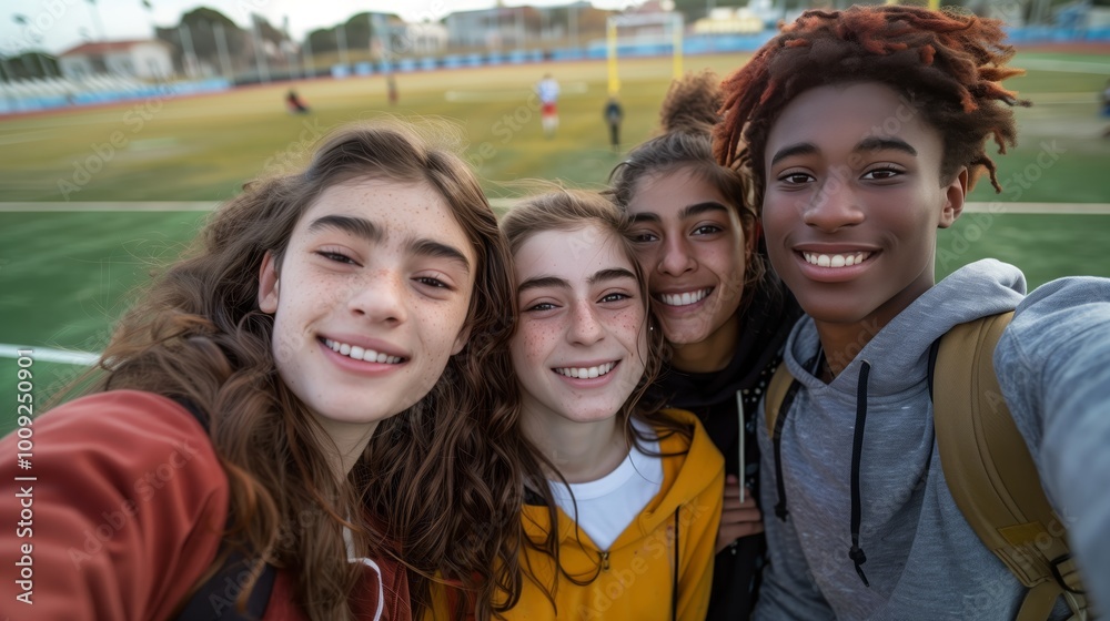 A group of multiethnic students taking a selfie at the sports field, smiling and looking into the camera, with a football court in the background A group of multiethnic students taking a selfie at the sports field, smiling and looking into the camera, with a football court in the background