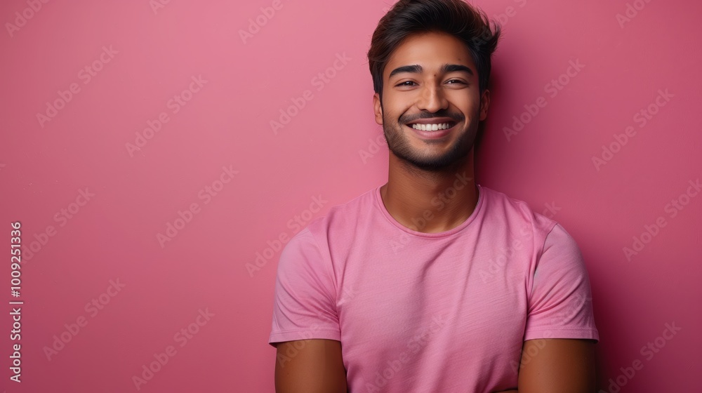 A handsome young indian man wearing pink t-shirt smiling, posing for photo on magenta background