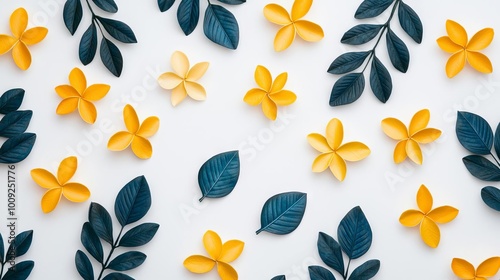 Colorful arrangement of yellow flowers and dark green leaves on a white background, perfect for nature-themed designs.