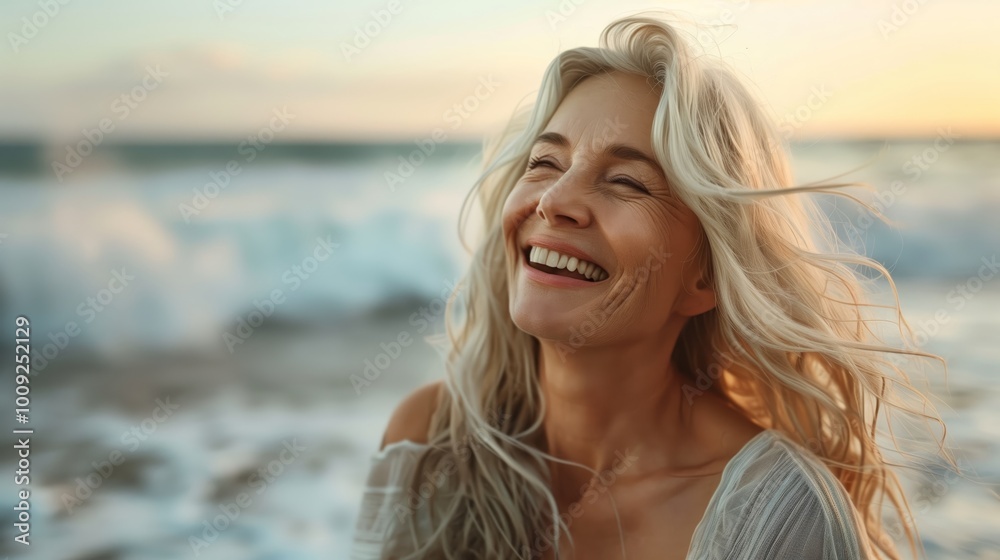 A middle-aged woman laughing and smiling on the beach A middle-aged woman laughing and smiling on the beach