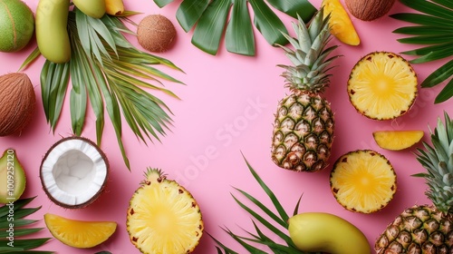 Exotic summer fruits like pineapple papaya coconut and mango arranged on a pink background This flat lay image showcases the vibrant colors of tropical fruits and leaves enough room for additional te photo