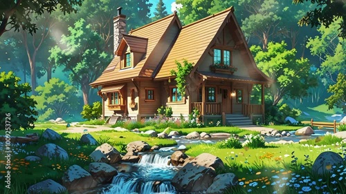 wooden house beside water stream with wild flowers, nature. seamless looping 4k video background animation photo