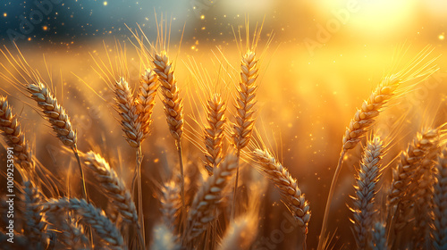 A stunning golden wheat field bathed in sunlight, with bright rays shining through the wheat stalks, creating a warm and inviting scene that captures the beauty of nature during harvest season. The go