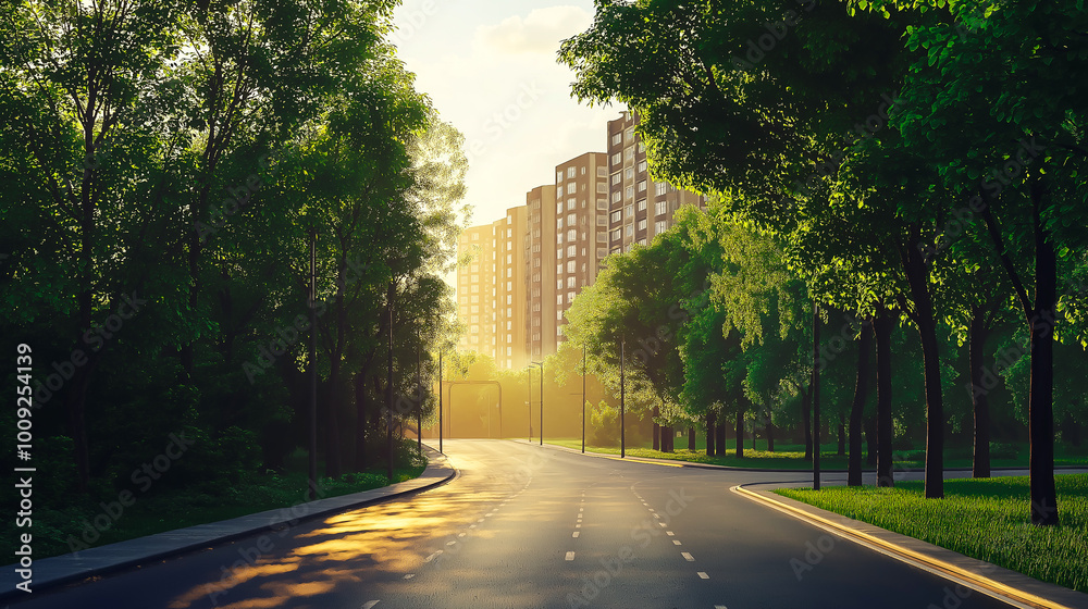 Urban Skyline with Tree-Lined Avenue Urban Skyline with Tree-Lined Avenue