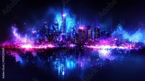  An image of a bustling cityscape bathed in nighttime illumination, with architectural marvels reflecting off the tranquil water in the foreground