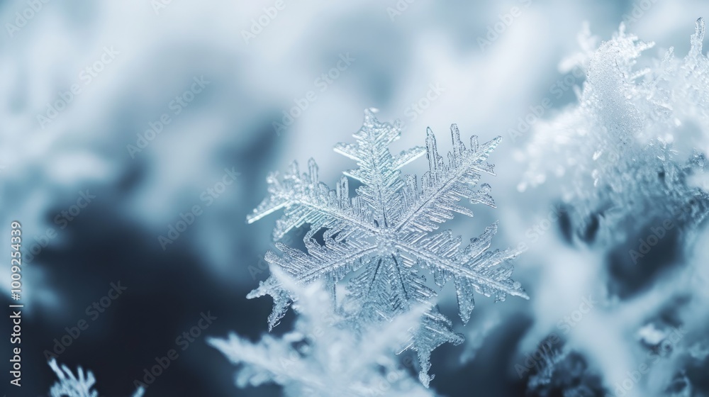 Close-up of fresh snowflakes on a frozen window, with intricate patterns, with transparent texture. Hyperrealistic photo 4K.
