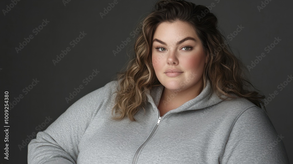 Generate a professional headshot of a confident, plus-size, young woman wearing a grey zip-up sweatshirt