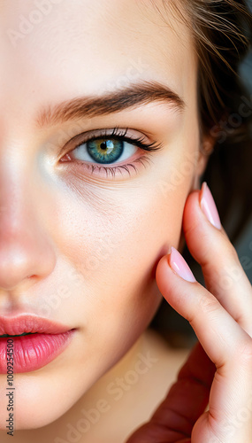 young beautiful woman holding face close up flawless glowing skin minimal makeup natural beauty vertical format