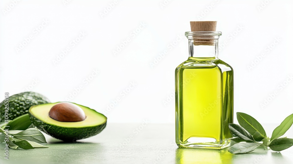 A bottle of avocado oil with fresh avocados and leaves. A bottle of avocado oil with fresh avocados and leaves.
