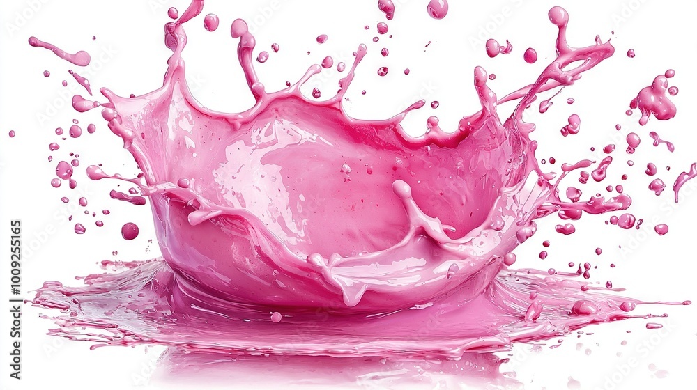Pink liquid splashes out of bowl onto white surface; water reflects bowl image Pink liquid splashes out of bowl onto white surface; water reflects bowl image