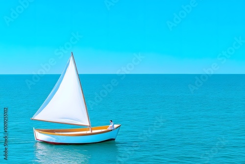 Small sailboat with white sails on the ocean, with one person in the boat