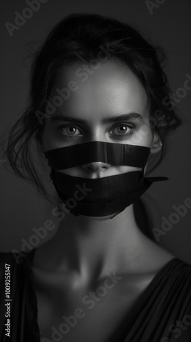 Portrait of a woman with black tape over her mouth