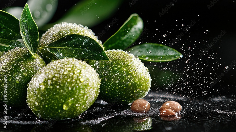 Close-up of colorful fruits arranged on a wooden table, with droplets of water splashing from their freshly washed surfaces Close-up of colorful fruits arranged on a wooden table, with droplets of water splashing from their freshly washed surfaces