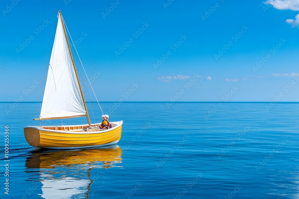 Fototapeta premium Small sailboat with white sails on the ocean, with one person in the boat