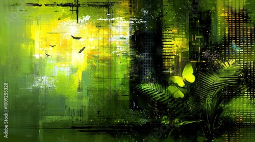  Green-yellow cityscape painting, bird flying above