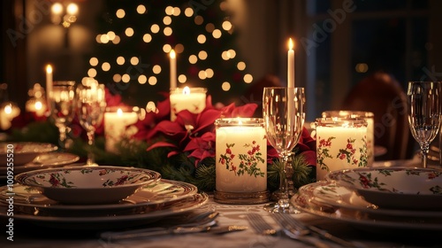 Festive Christmas Dinner Table Setting with Candles Plates and Wine Glasses