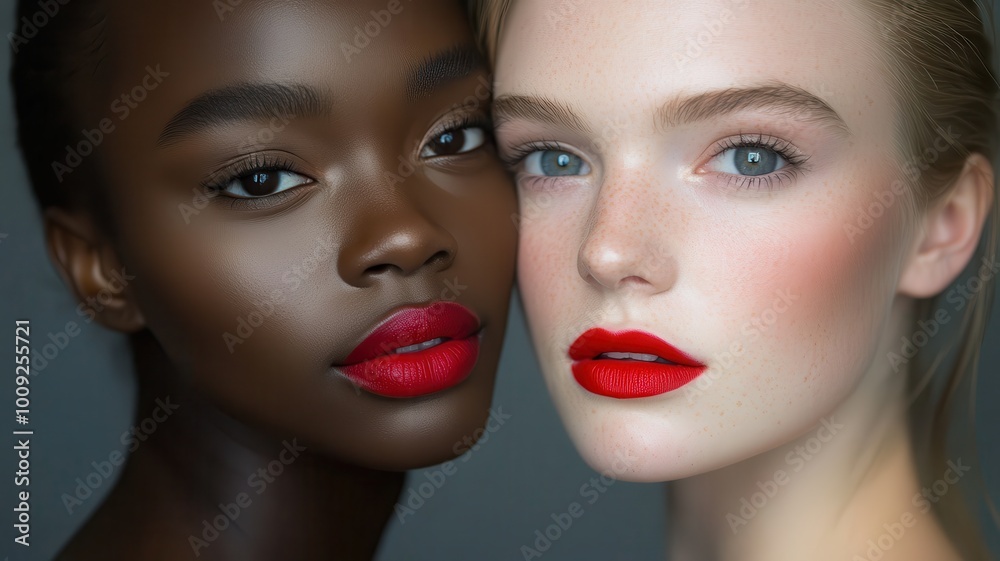 Two women with red lipstick stand side by side Two women with red lipstick stand side by side