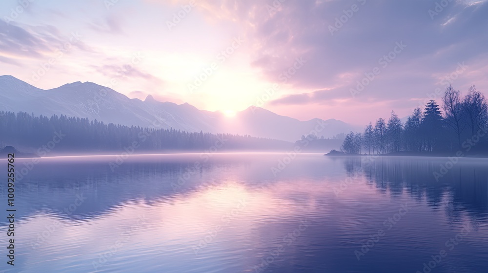 A serene landscape at dawn, featuring mountains, a calm lake, and soft pastel colors reflecting on the water's surface. A serene landscape at dawn, featuring mountains, a calm lake, and soft pastel colors reflecting on the water's surface.