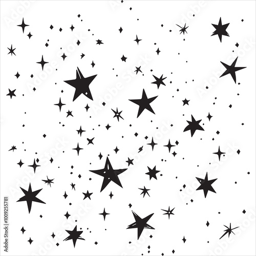 black flat beautiful stars fly apart on a white background, drawing